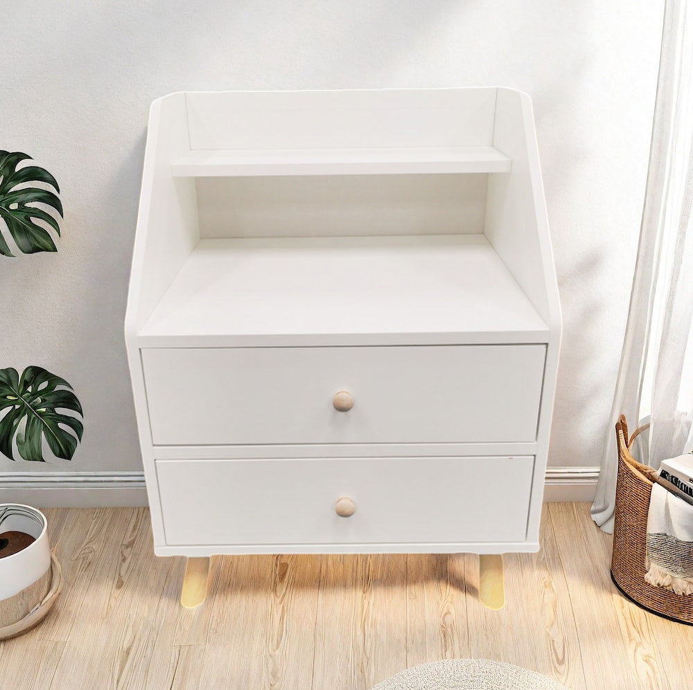 Warm White Nightstand Wooden Legs Knobs Open Storage Two Drawers Modern Design 11