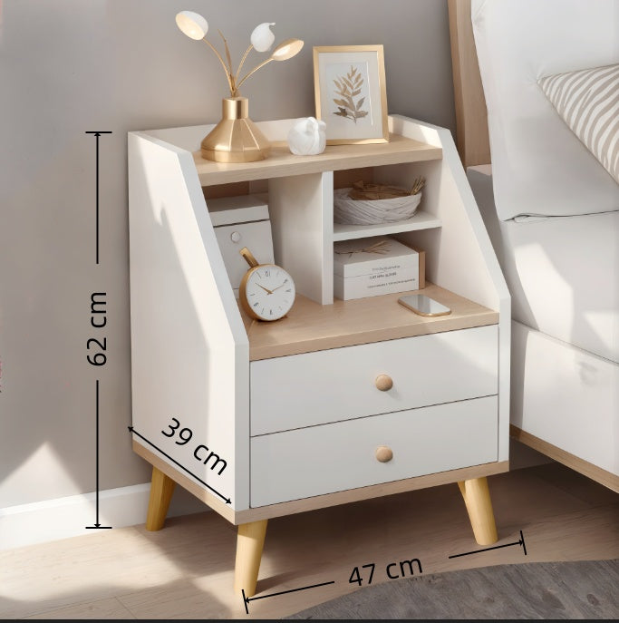 Two-Tone Nightstand Wooden Legs Compartment Storage Drawers White Wood Design