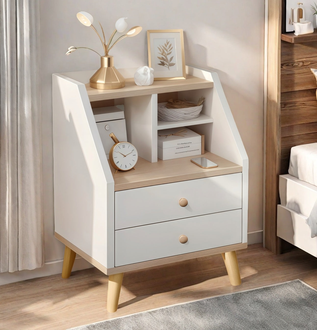 Two-Tone Nightstand Wooden Legs Compartment Storage Drawers White Wood Design 12