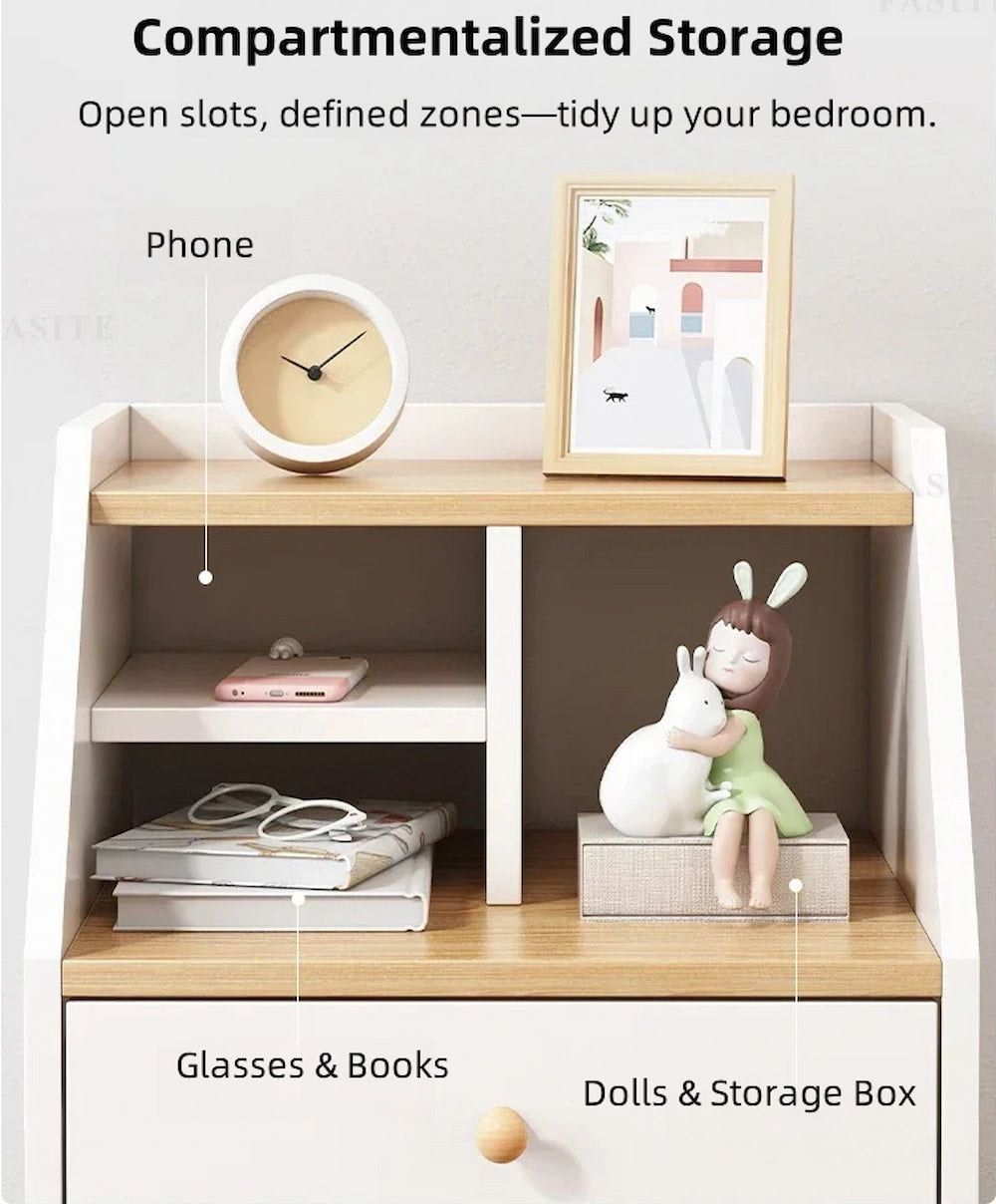 Multi-Storage Nightstand White Wood Combo Three Drawers Open Shelves 3-Tier 5