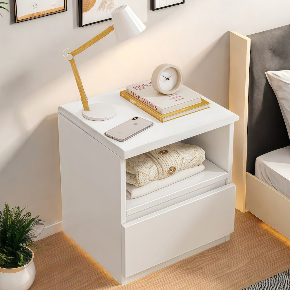 Modern Nightstand Warm White Open Storage Finger Pull Drawer Compact 47cm 12