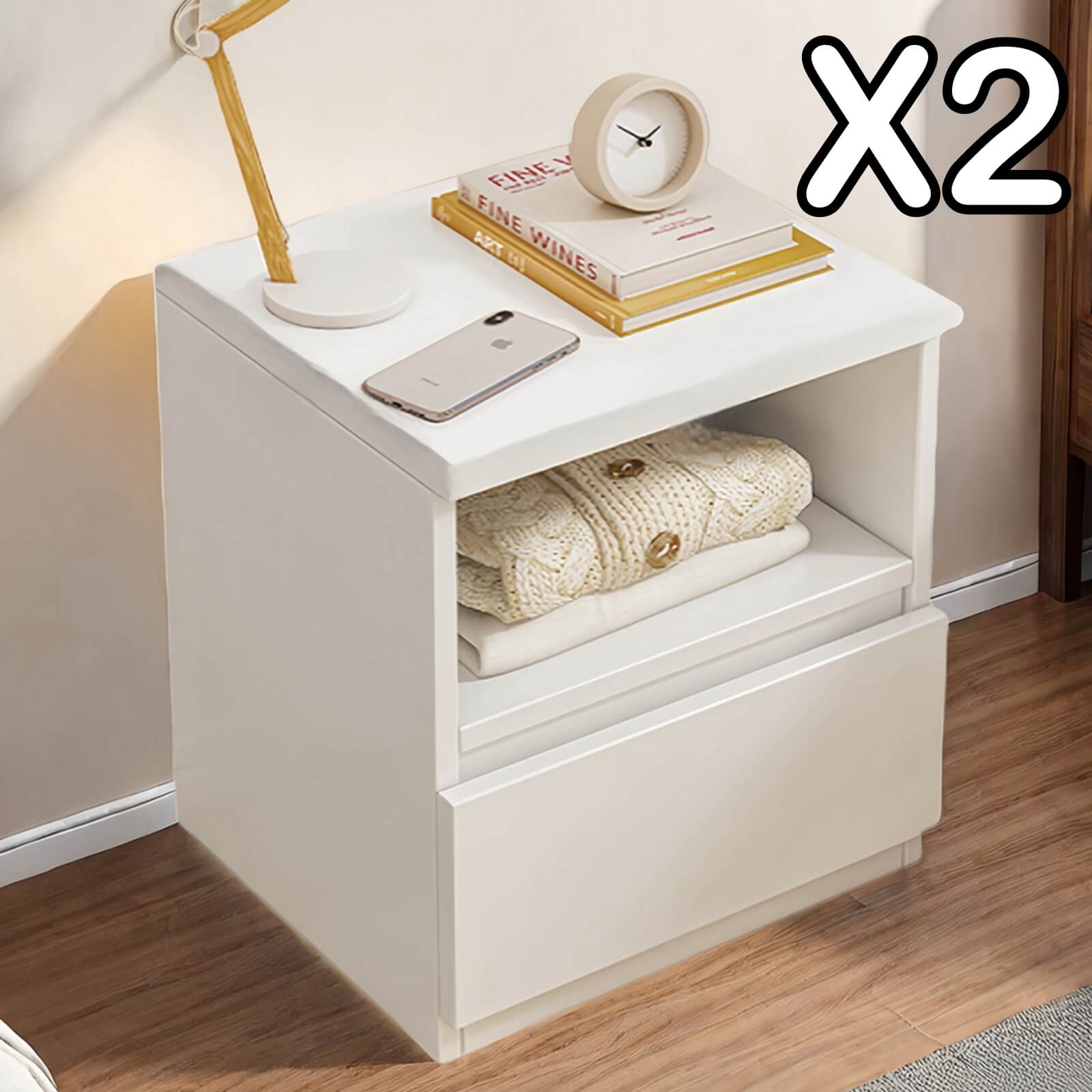 2x Bedside table set with drawer and shelf, minimalist white design, 2 pieces