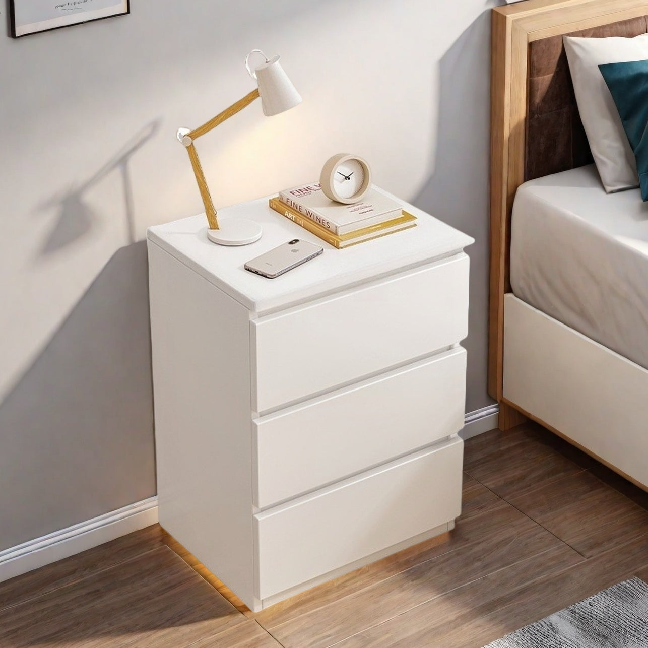 2x Modern bedside table set with drawers, minimalist design, white finish. 11