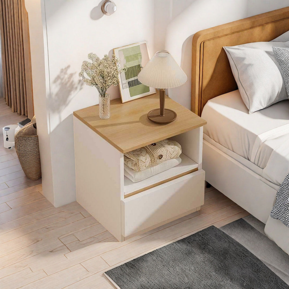 Modern Nightstand Oak Wood Grain Top White Cabinet Open Shelf Finger Pull 11