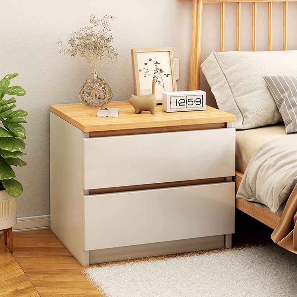 Modern Nightstand Oak Wood Grain Top White Cabinet Double Drawer Finger Pull 12