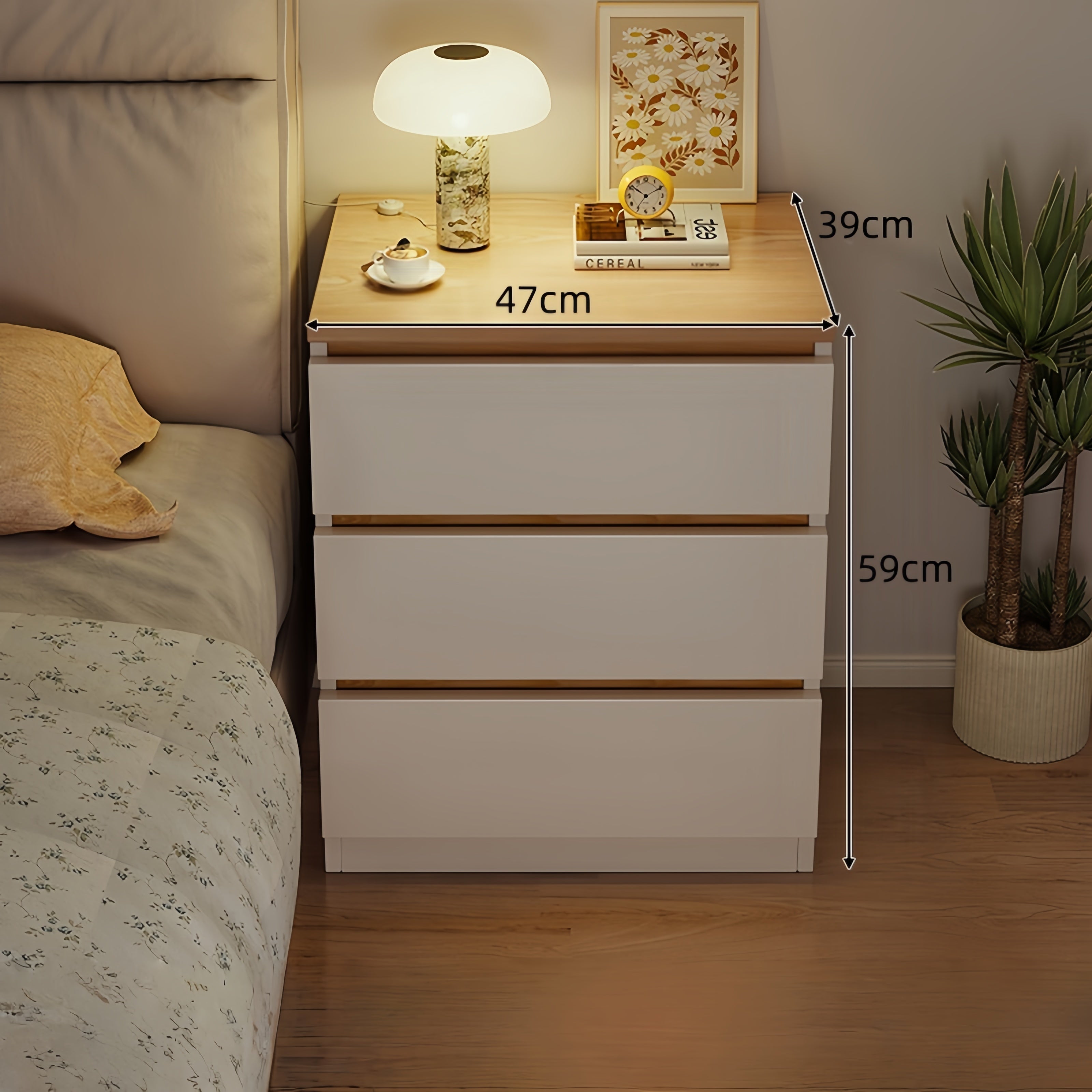 Modern Nightstand Wood Effect Top White Cabinet Triple Drawer Finger Pull Design