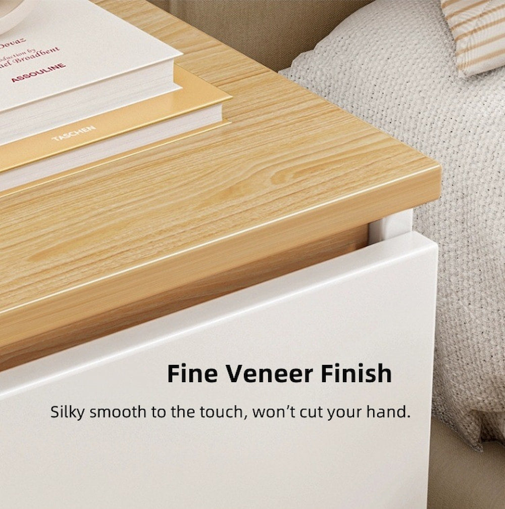 Modern Nightstand Wood Effect Top White Cabinet Triple Drawer Finger Pull Design 5