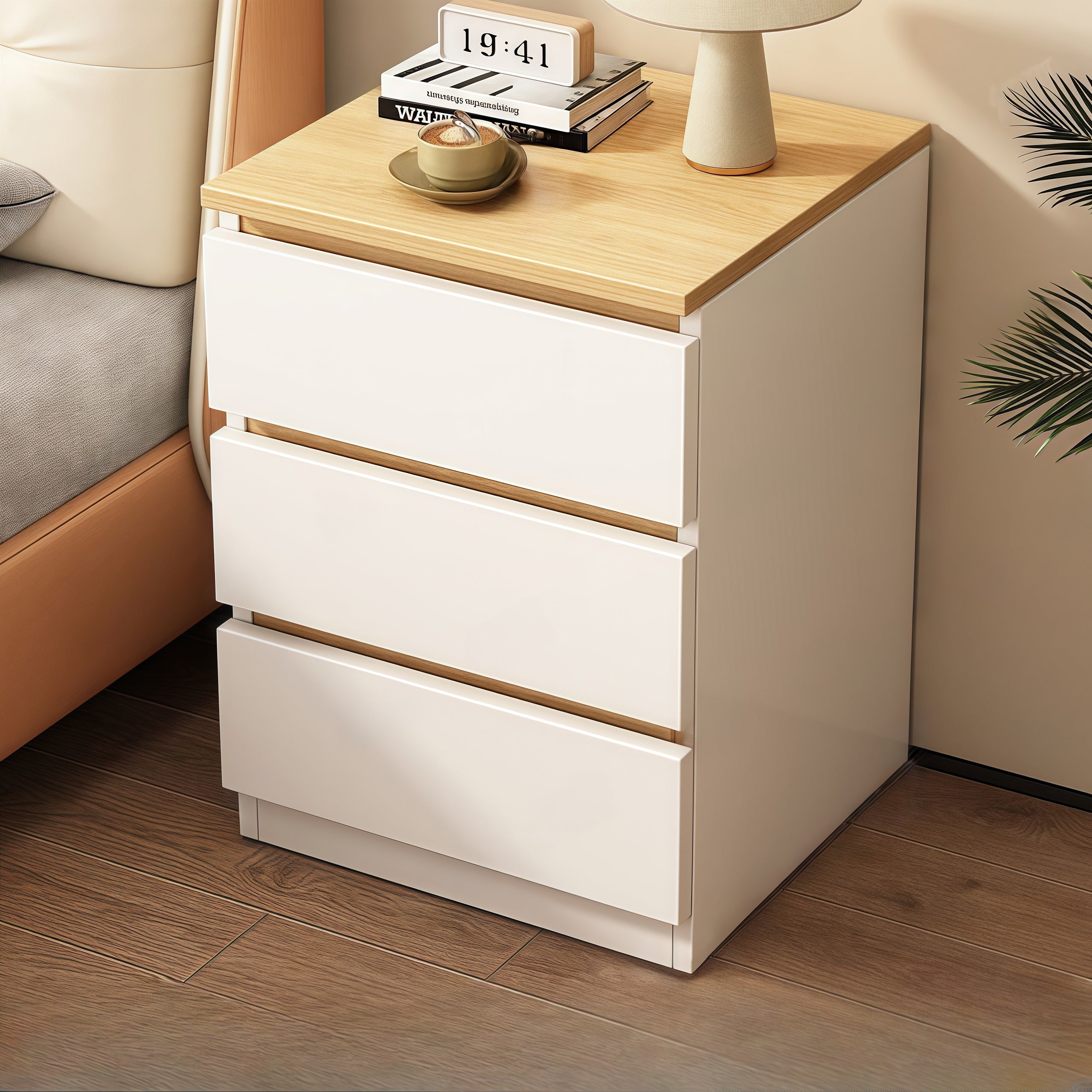 Modern Nightstand Wood Effect Top White Cabinet Triple Drawer Finger Pull Design 11