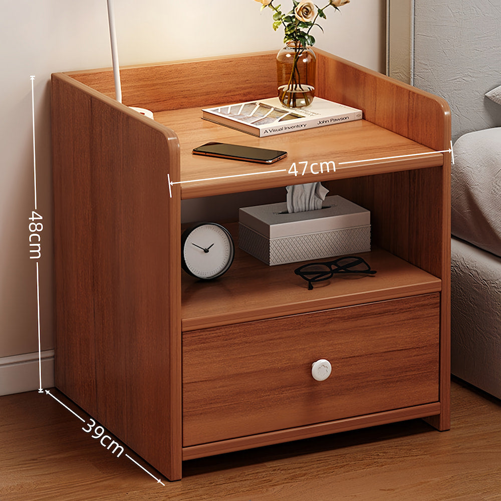 Vintage Bedside Table Walnut Raised Tray Open Shelf Drawer White Knob 48cm