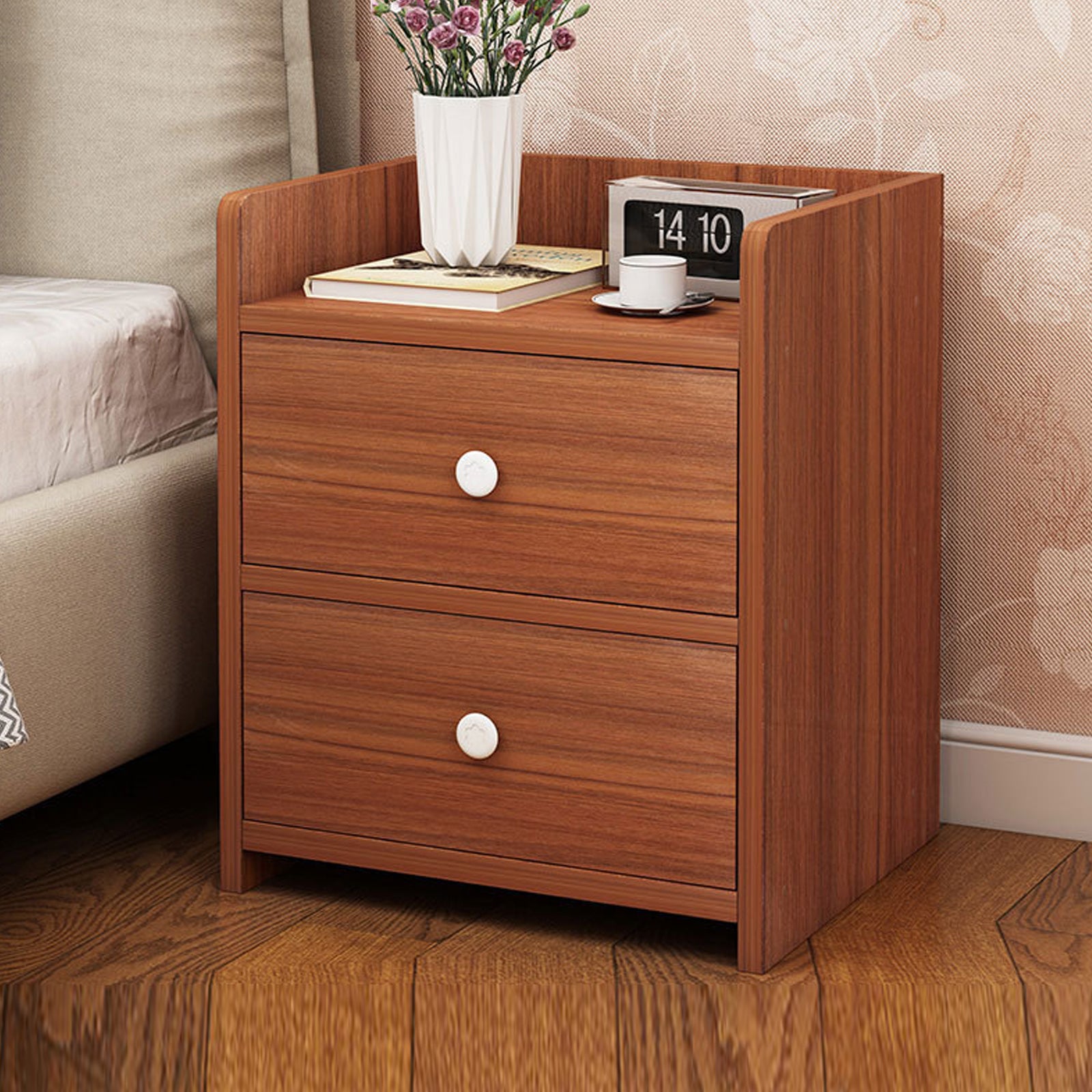 Classic Nightstand Walnut Wood Grain Double Drawer Tray Top White Handles 11