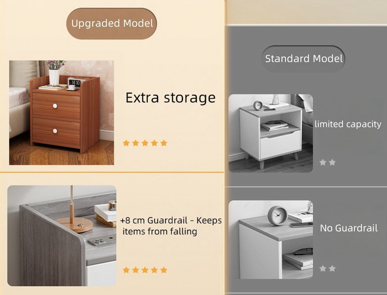 2x Bedside table walnut wood grain tray drawers vintage style furniture 3