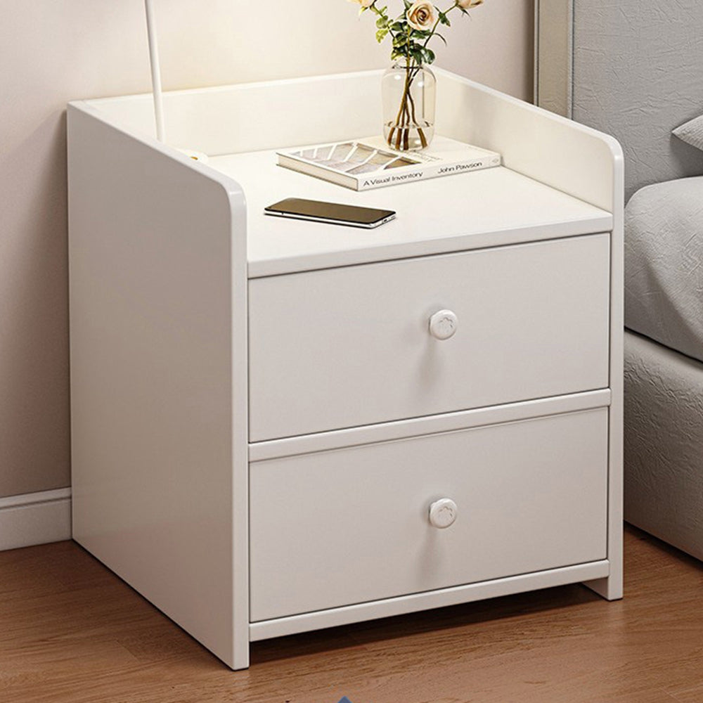 Minimalist Nightstand White Double Drawer Safety Tray Design Wooden Handles 11