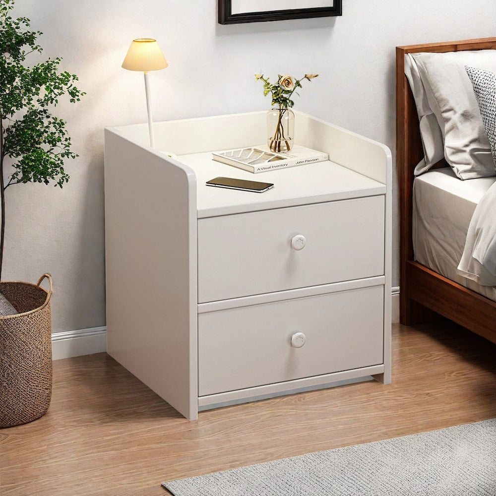 2x Bedside table set with drawers, minimalist design, white finish, modern style 12