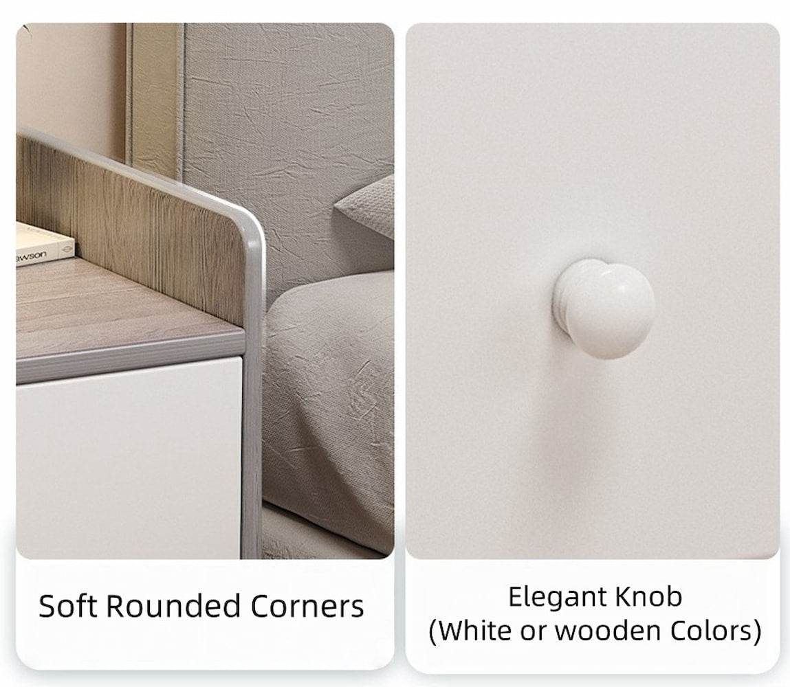 Minimalist Nightstand White Triple Drawer Safety Tray Design Wooden Handles 9