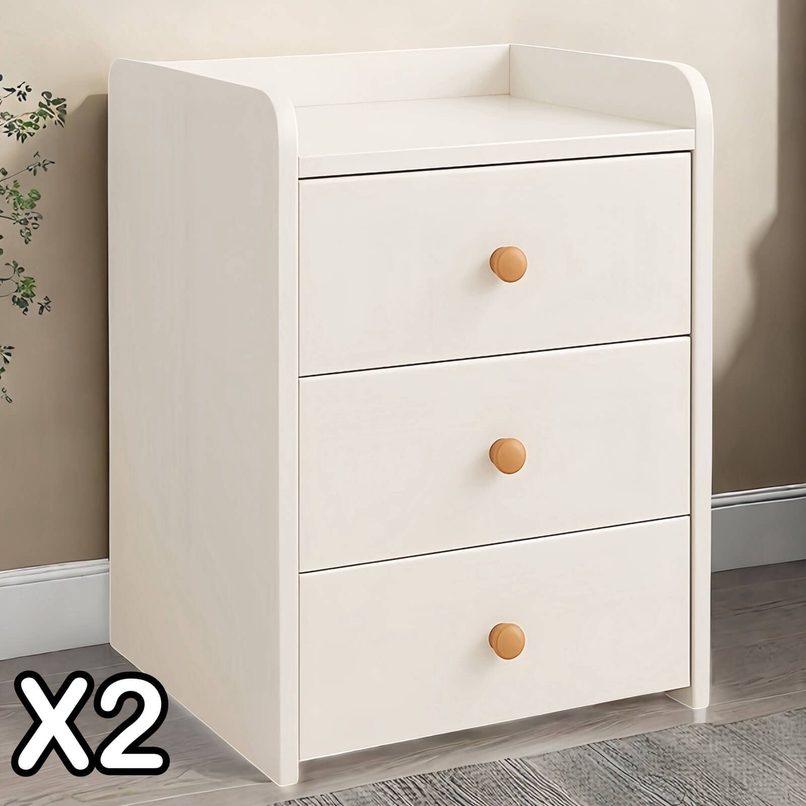 2x Bedside Table Pair White 3 Drawers Wooden Knobs Modern Minimalist Design