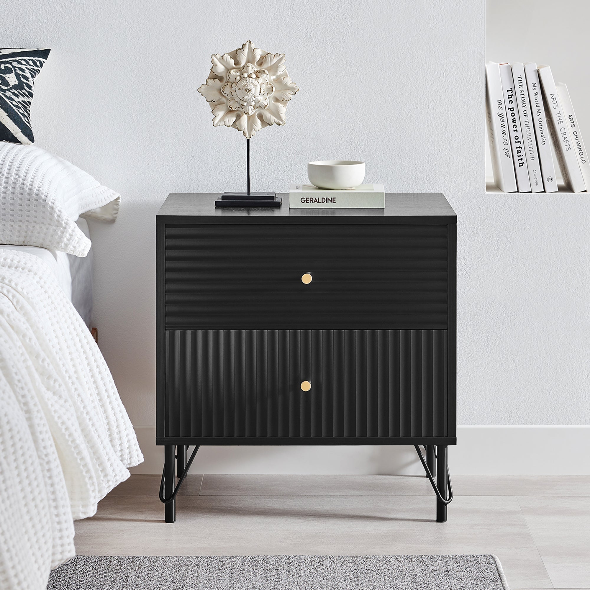 Lisa Wavy Fluted Bedside Table in Black 3