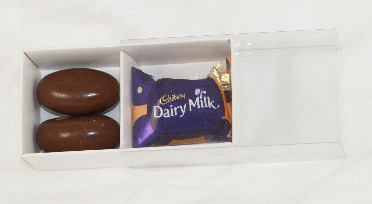 100 Pack of White Card Chocolate Sweet Soap Product Reatail Gift Box - 2 Bay Compartments - Clear Slide On Lid - 8x4x3cm 4