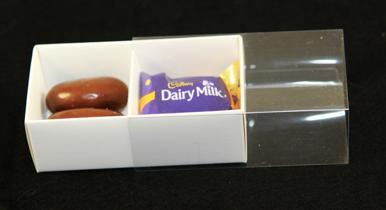 100 Pack of White Card Chocolate Sweet Soap Product Reatail Gift Box - 2 Bay Compartments - Clear Slide On Lid - 8x4x3cm 5
