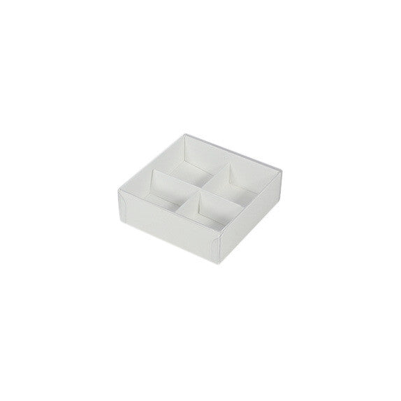 100 Pack of White Card Chocolate Sweet Soap Product Reatail Gift Box - 4 Bay Compartments - Clear Slide On Lid - 8x8x3cm 4