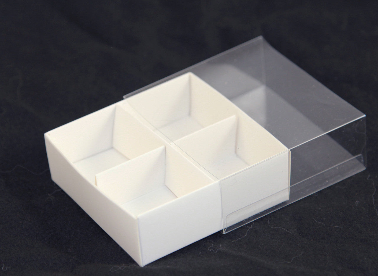 100 Pack of White Card Chocolate Sweet Soap Product Reatail Gift Box - 4 Bay Compartments - Clear Slide On Lid - 8x8x3cm 5
