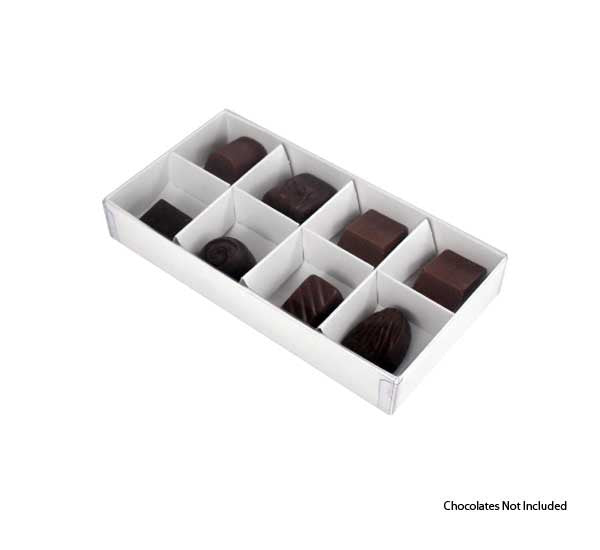 100 Pack of White Card Chocolate Sweet Soap Product Retail Gift Box - 8 bay 3cm Compartments - Clear Slide On Lid - 16x8x3cm 4