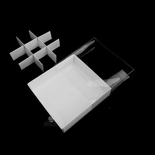 100 Pack of White Card Chocolate Sweet Soap Product Retail Gift Box - 9 bay 4x4x3cm Compartments  - Clear Slide On Lid - 12x12x3cm 3
