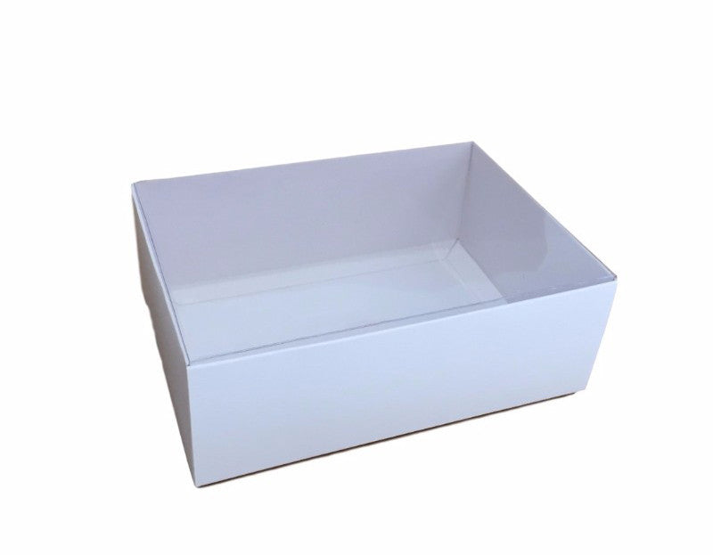 100 Pack of White Card Square Box - Clear Slide On Lid - 20 x 20 x 8cm -  Large Beauty Product Gift Giving Hamper Tray Merch Fashion Cake Sweets Xmas 6