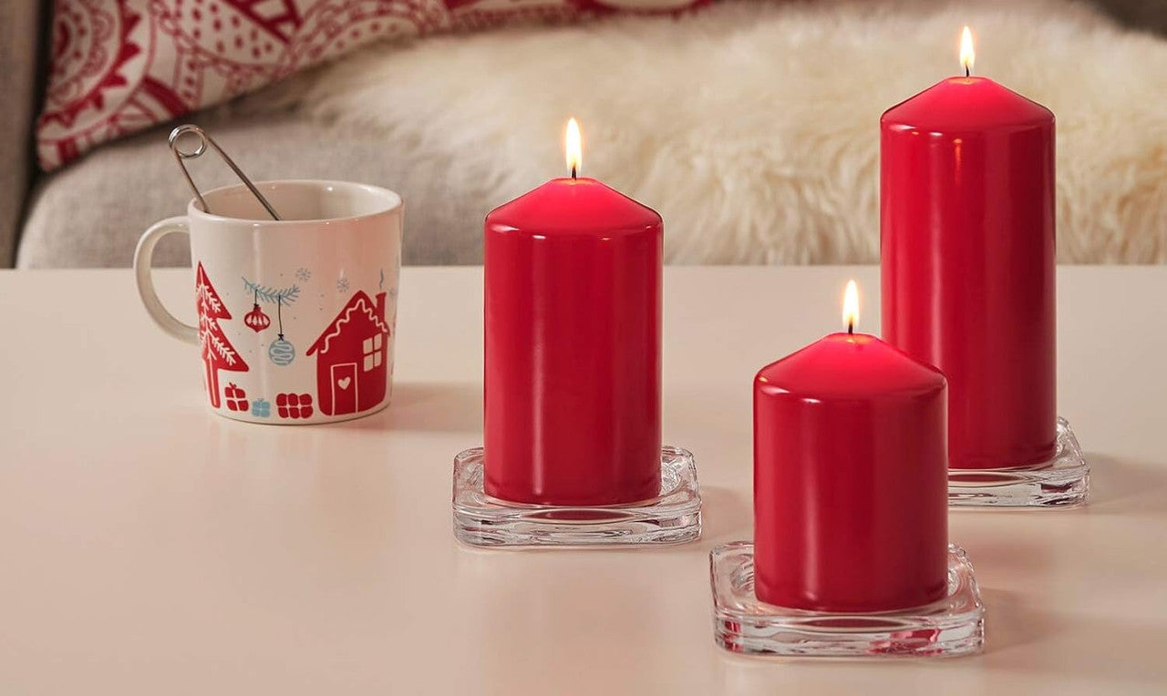 4 Pack Red Wax Pillar Advent Candles Xmas Wedding Party Table Room Centrepiece Decor Graduated sized 6 to 15cm High 6