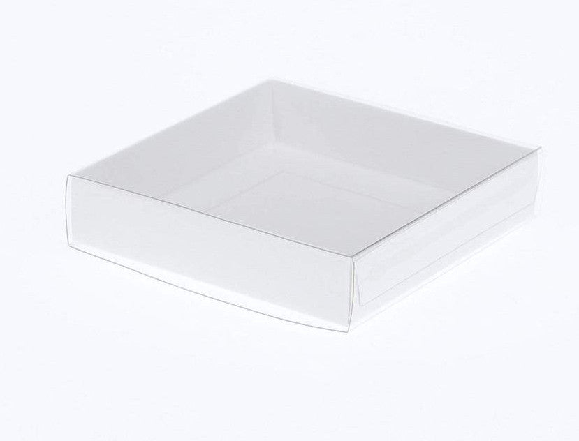 50 Pack of 10cm Square Invitation Coaster Favor Function product Presentation Cookie Biscuit Patisserie Gift Box - 4cm deep - White Card with Clear Slide On PVC Lid 3
