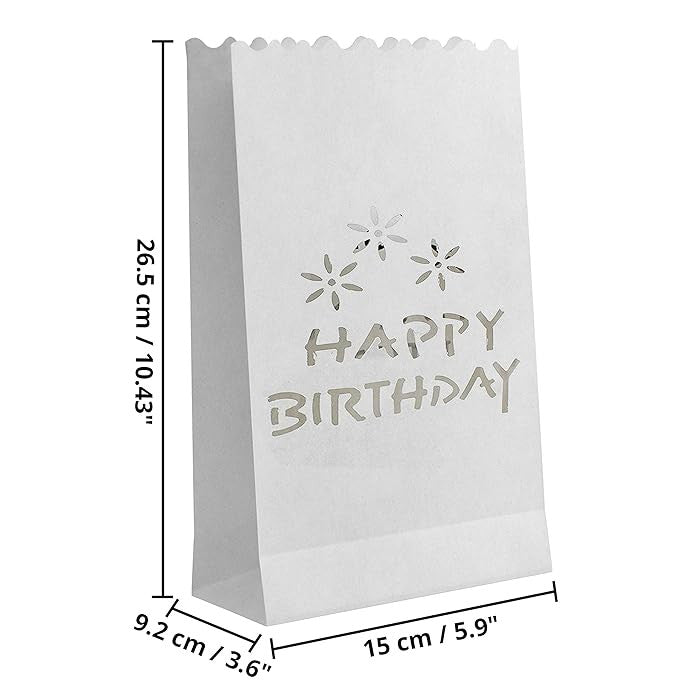 100 Pack White Happy Birthday Luminary Paper Candle Tea Light Lantern Bags Garden Anniversary Birthday Night Decorations Evening Party 3