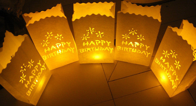 100 Pack White Happy Birthday Luminary Paper Candle Tea Light Lantern Bags Garden Anniversary Birthday Night Decorations Evening Party 6