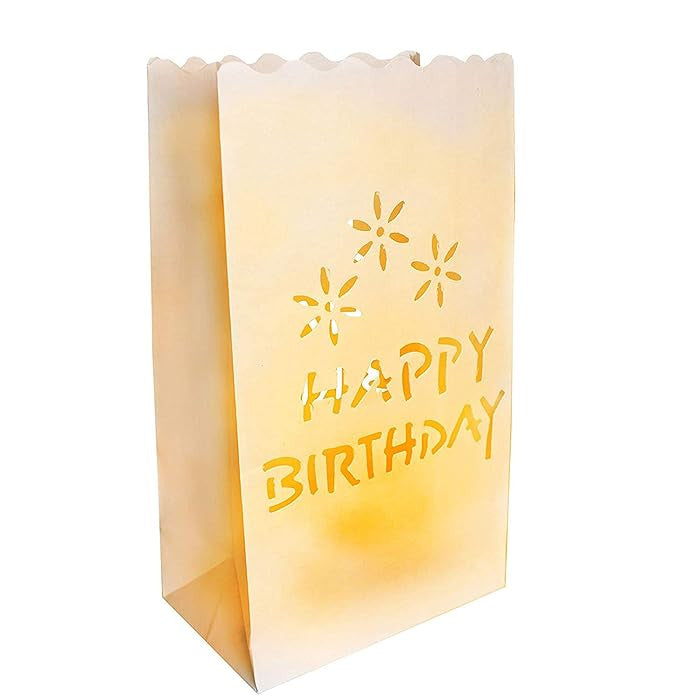 20 Pack White Happy Birthday Luminary Paper Candle Tea Light Lantern Bags Garden Anniversary Birthday Night Decorations Evening Party 4