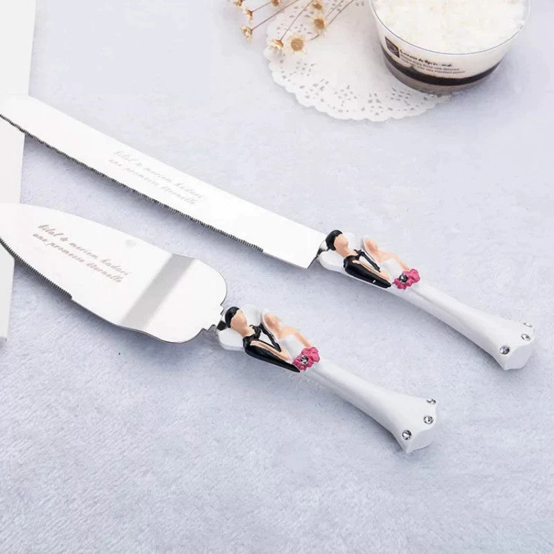 Bride Groom Cake Server Set Wedding Cake Knife and Silver Blade Server Set Boxed - Bride Groom Handles 3