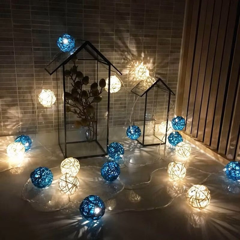 1 Set of Blue n White 5cm Rattan Cane 20 Ball Battery Powered 3m String Lights Christmas Gift Home Wedding Party Bedroom Decoration Table Centrepiece 6