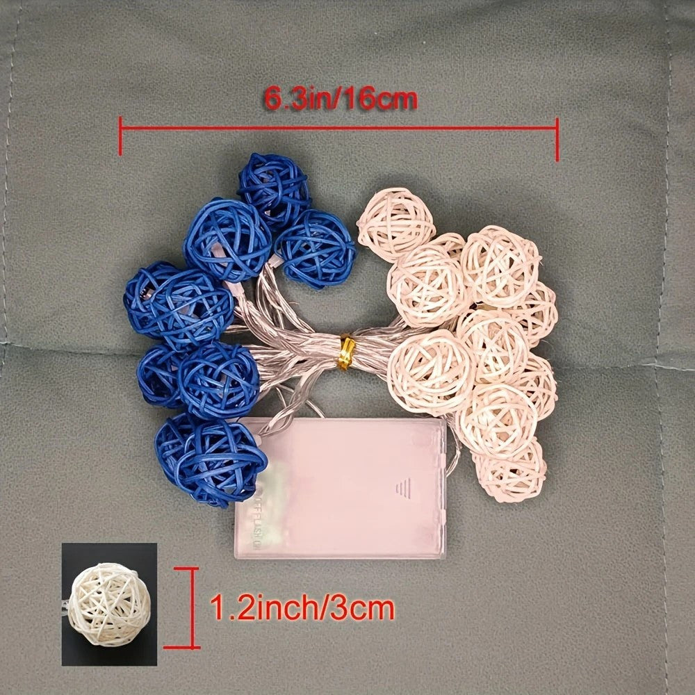 1 Set of Blue n White 5cm Rattan Cane 20 Ball Battery Powered 3m String Lights Christmas Gift Home Wedding Party Bedroom Decoration Table Centrepiece 7
