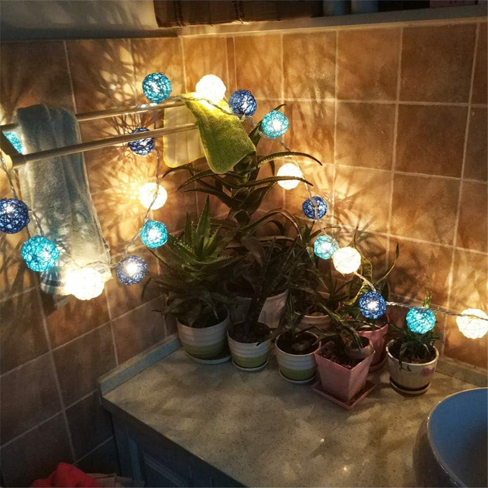 1 Set of Blue n White 5cm Rattan Cane 50 Ball Battery Powered LONG 5m String Lights Christmas Gift Home Wedding Party Bedroom Decoration Table Centrepiece 3