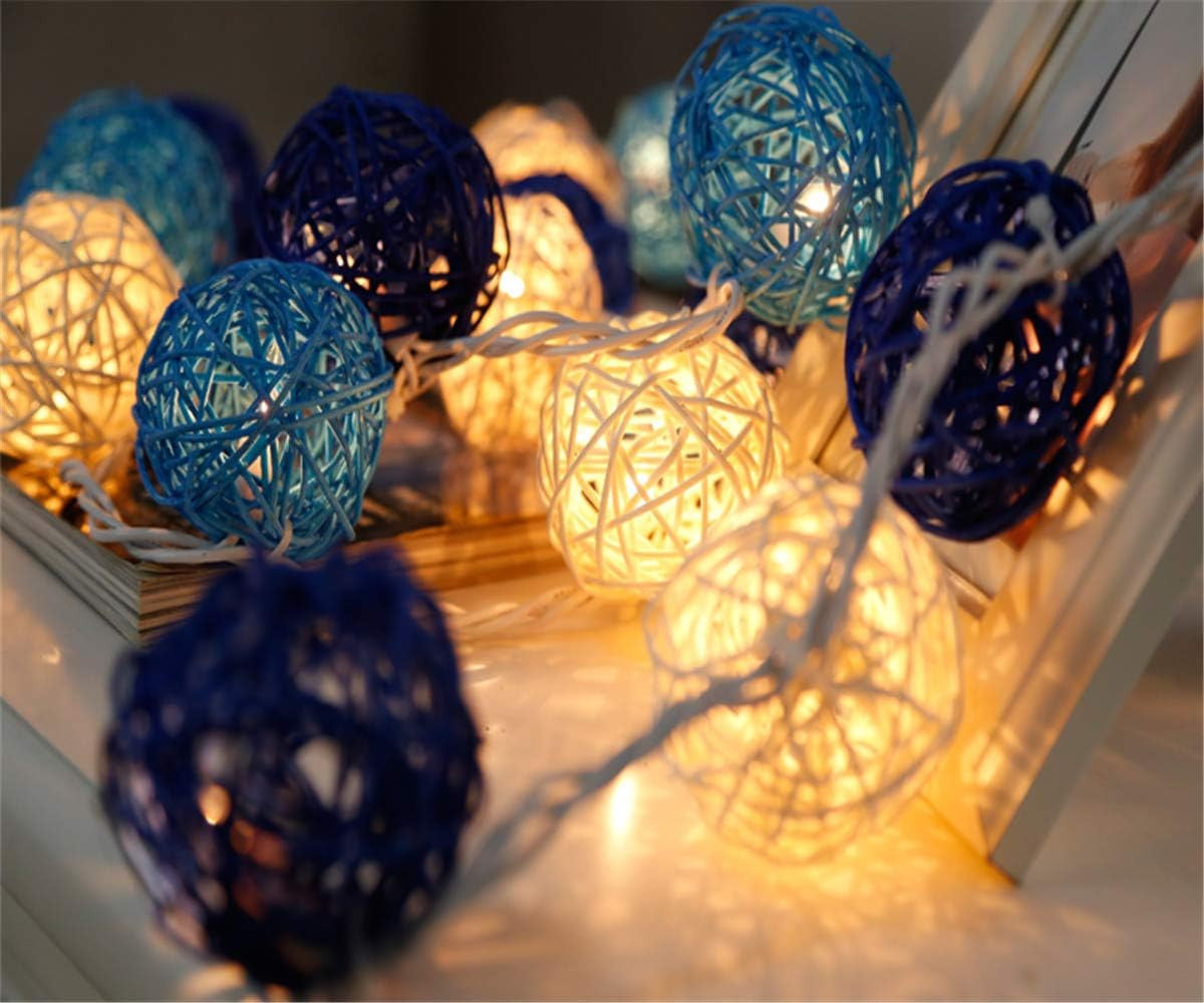 1 Set of Blue n White 5cm Rattan Cane 50 Ball Battery Powered LONG 5m String Lights Christmas Gift Home Wedding Party Bedroom Decoration Table Centrepiece 4