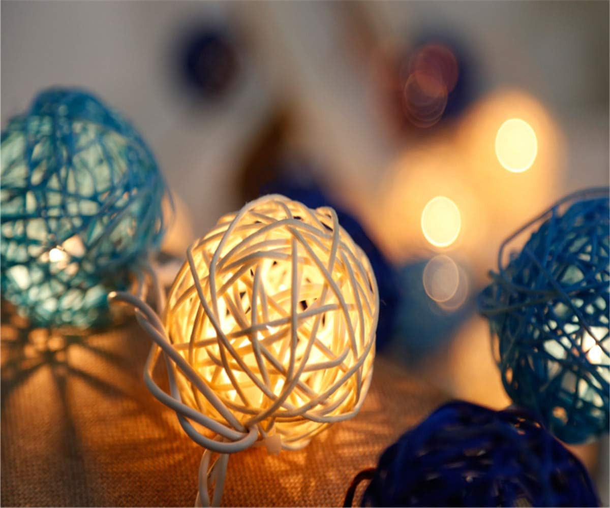 1 Set of Blue n White 5cm Rattan Cane 50 Ball Battery Powered LONG 5m String Lights Christmas Gift Home Wedding Party Bedroom Decoration Table Centrepiece 5