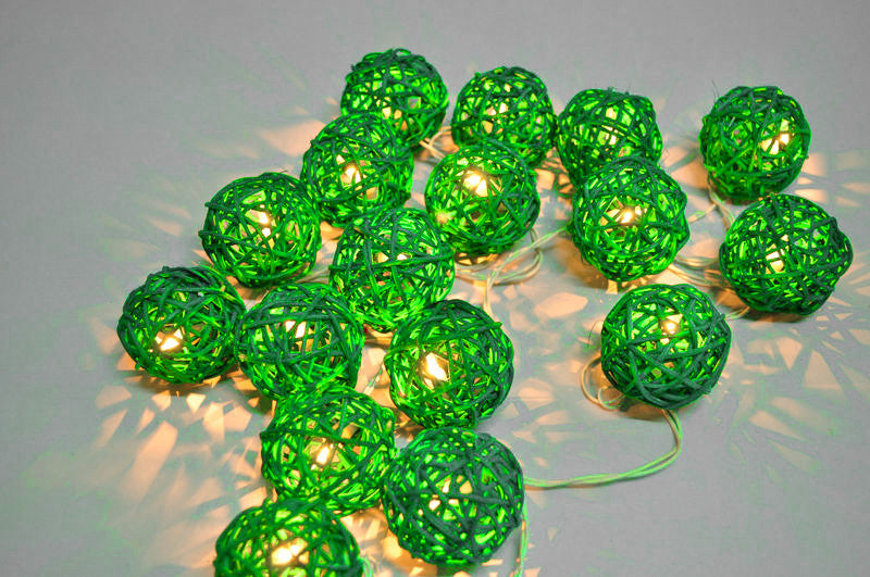 1 Set of Green 5cm Rattan Cane 20 Ball Battery Powered 3m String Lights Christmas Gift Home Wedding Party Bedroom Decoration Table Centrepiece 3