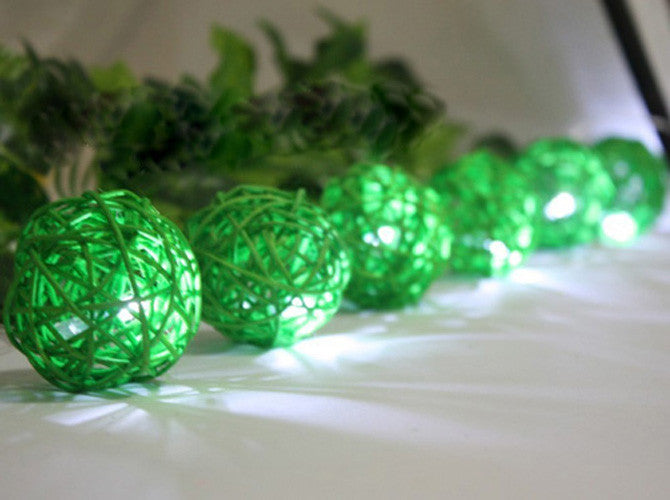 1 Set of Green 5cm Rattan Cane 20 Ball Battery Powered 3m String Lights Christmas Gift Home Wedding Party Bedroom Decoration Table Centrepiece 5