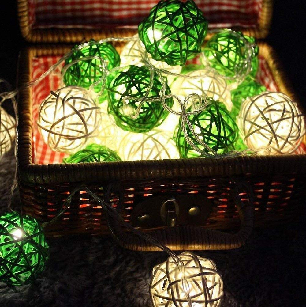 1 Set of Green n White 5cm Rattan Cane 20 Ball Battery Powered 3m String Lights Christmas Gift Home Wedding Party Bedroom Decoration Table Centrepiece 5