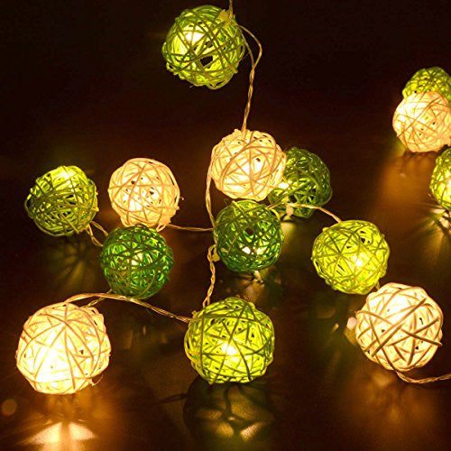 1 Set of Green n White 5cm Rattan Cane 50 Ball Battery Powered LONG 5m String Lights Christmas Gift Home Wedding Party Bedroom Decoration Table Centrepiece 3