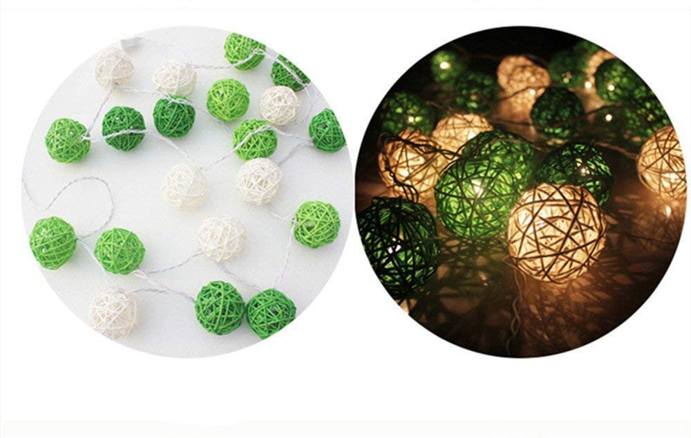 1 Set of Green n White 5cm Rattan Cane 50 Ball Battery Powered LONG 5m String Lights Christmas Gift Home Wedding Party Bedroom Decoration Table Centrepiece 4