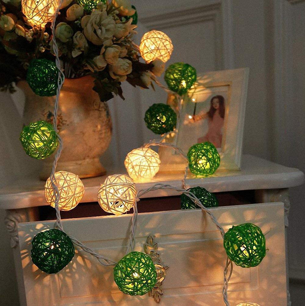 1 Set of Green n White 5cm Rattan Cane 50 Ball Battery Powered LONG 5m String Lights Christmas Gift Home Wedding Party Bedroom Decoration Table Centrepiece 6