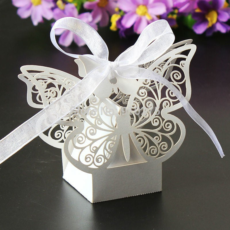 100 Piece Pack - Ivory Cream Butterfly Wedding Engagement Party Bomboniere Favour Lolly Gift Almond Card Box 3
