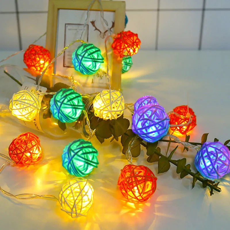 1 Set of Multi Coloured 5cm Rattan Cane 20 Ball Battery Powered 3m String Lights Christmas Gift Home Wedding Party Bedroom Decoration Table Centrepiece 8