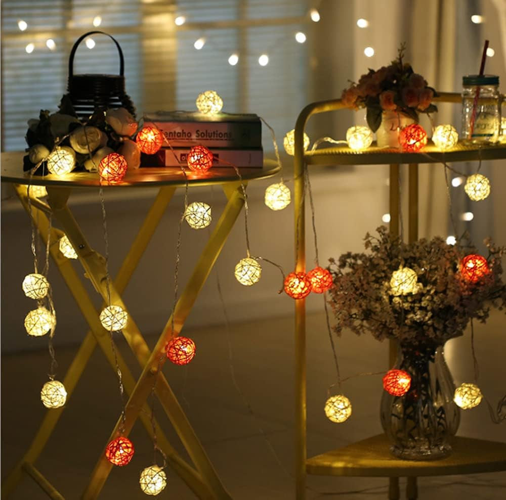 1 Set of Orange n White 5cm Rattan Cane 50 Ball Battery Powered LONG 5m String Lights Christmas Gift Home Wedding Party Bedroom Decoration Table Centrepiece 3