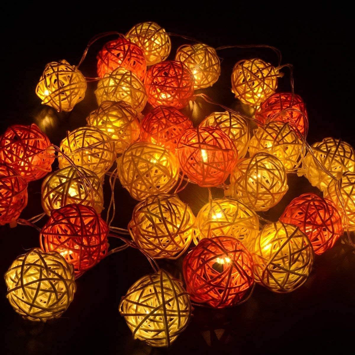 1 Set of Orange n White 5cm Rattan Cane 50 Ball Battery Powered LONG 5m String Lights Christmas Gift Home Wedding Party Bedroom Decoration Table Centrepiece 6