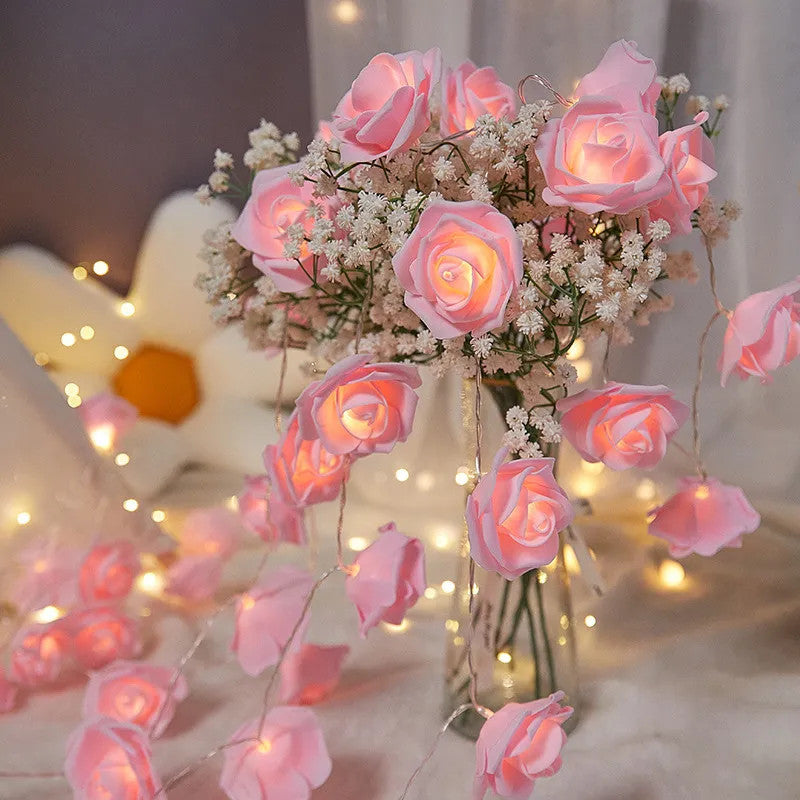 50 Pink Rose 3D Fairy Lights 5M LONG String, Battery (AA) Indoor & Outdoor Decorations Wedding Valentines Romantic Room Table Lighting 4
