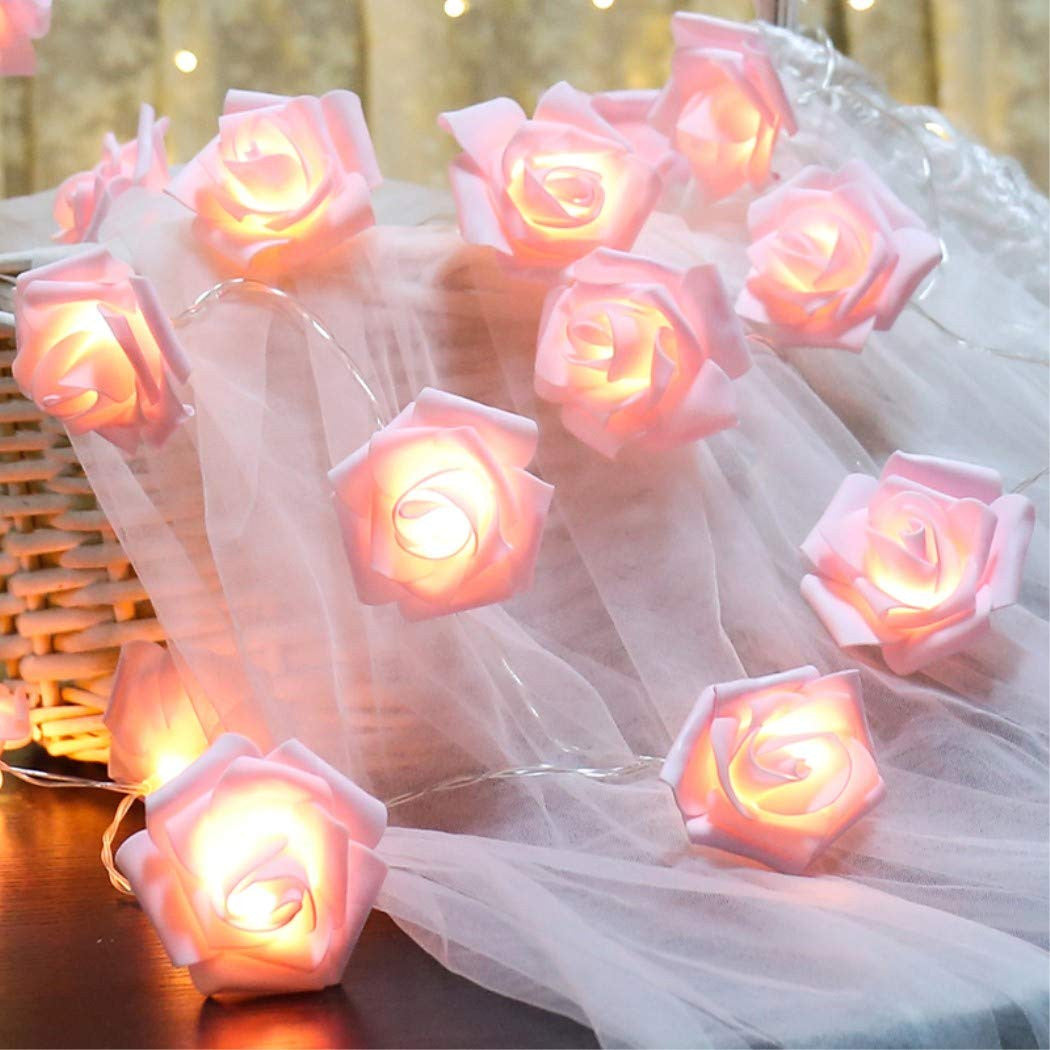 50 Pink Rose 3D Fairy Lights 5M LONG String, Battery (AA) Indoor & Outdoor Decorations Wedding Valentines Romantic Room Table Lighting 5